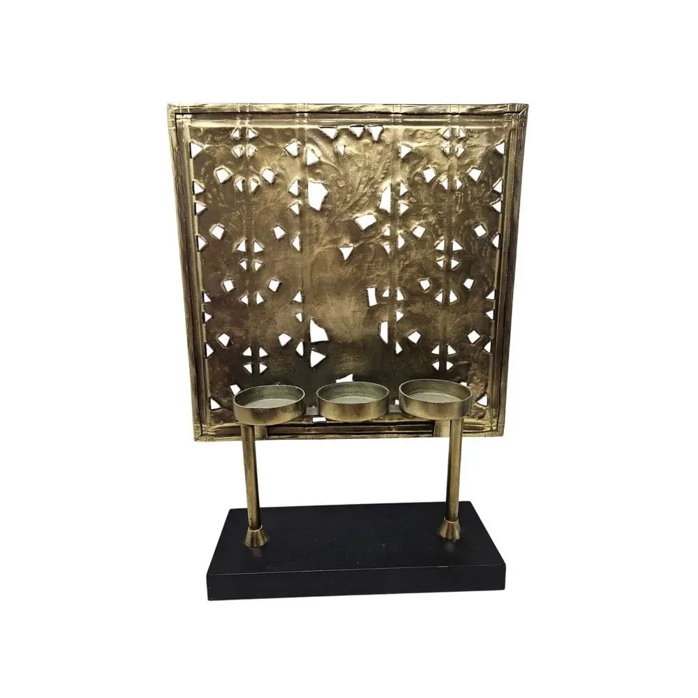 Pottery Barn Candelabra Screen Boho Candle Holder Metal Wooden Base 16x10